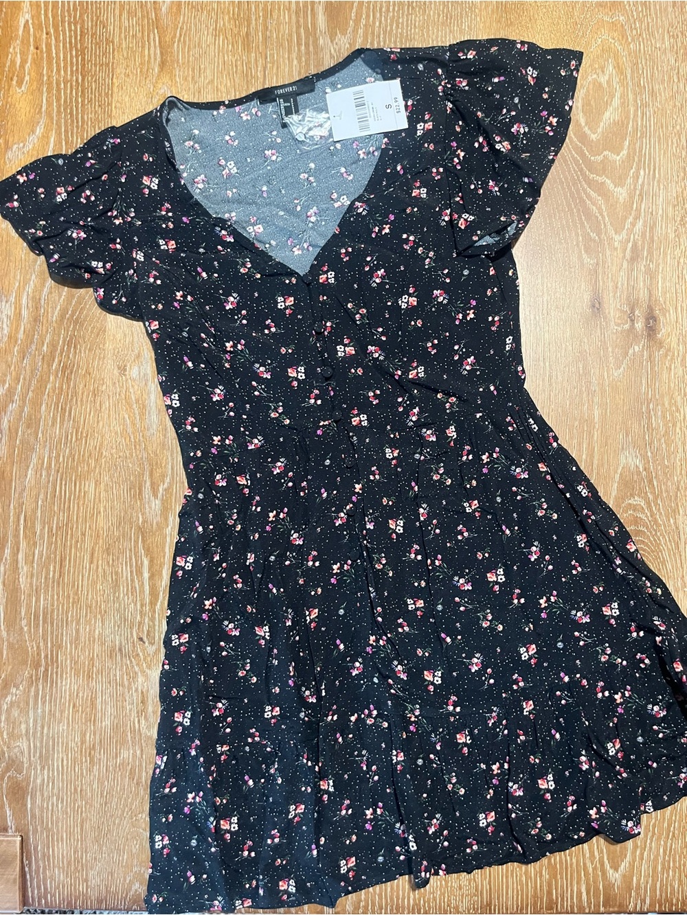 Forever 21 Black Floral V-Neck Mini Dress with Pink Accents